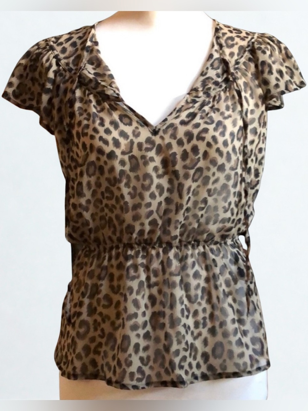 H&M Leopard Print Black & Tan Flutter Sleeve Blouse, Size 4